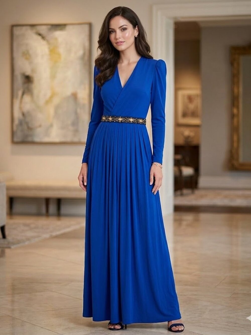 Yigal Azrouel Royal Blue VNeck Crystal Waist Dress